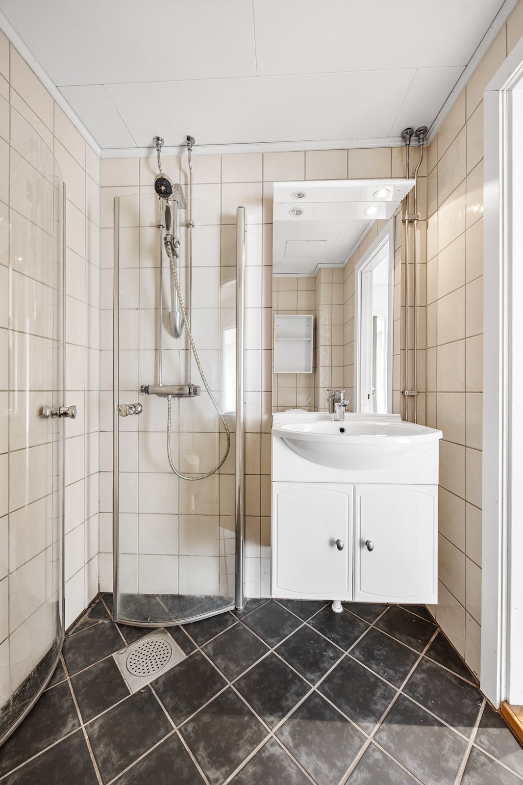 Badet er innredet med servant, klosett og dusj på gulv. Galleribilde