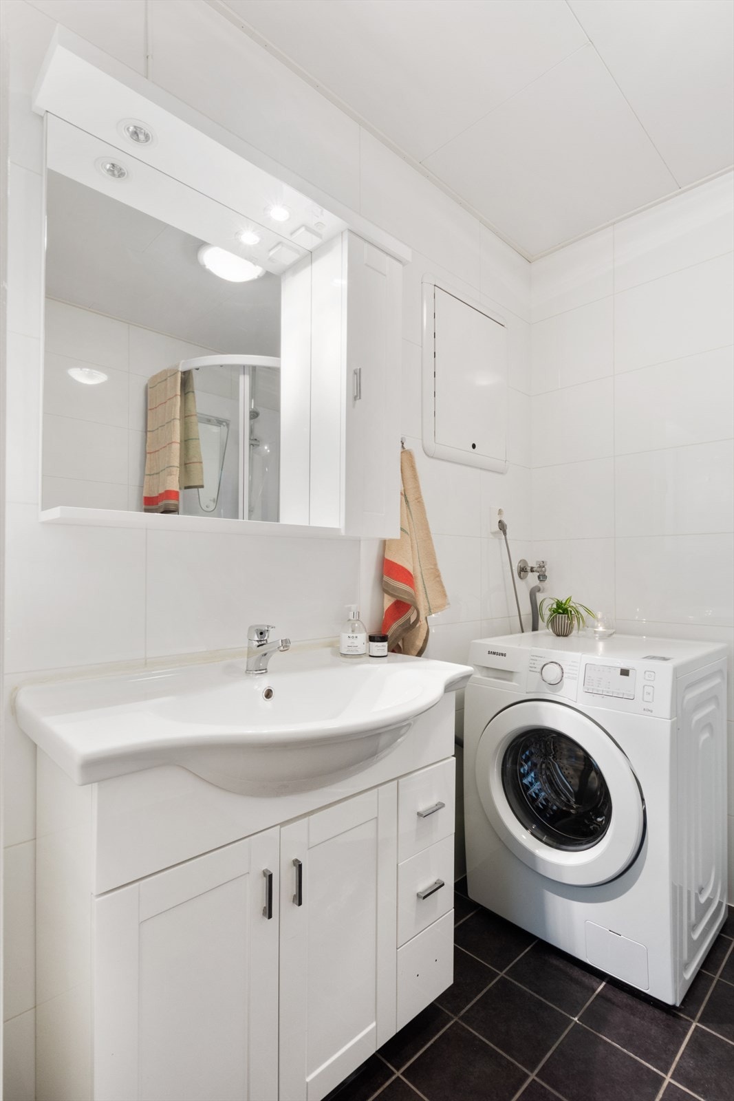 Badet har dusjkabinett og opplegg for vaskemaskin. Galleribilde