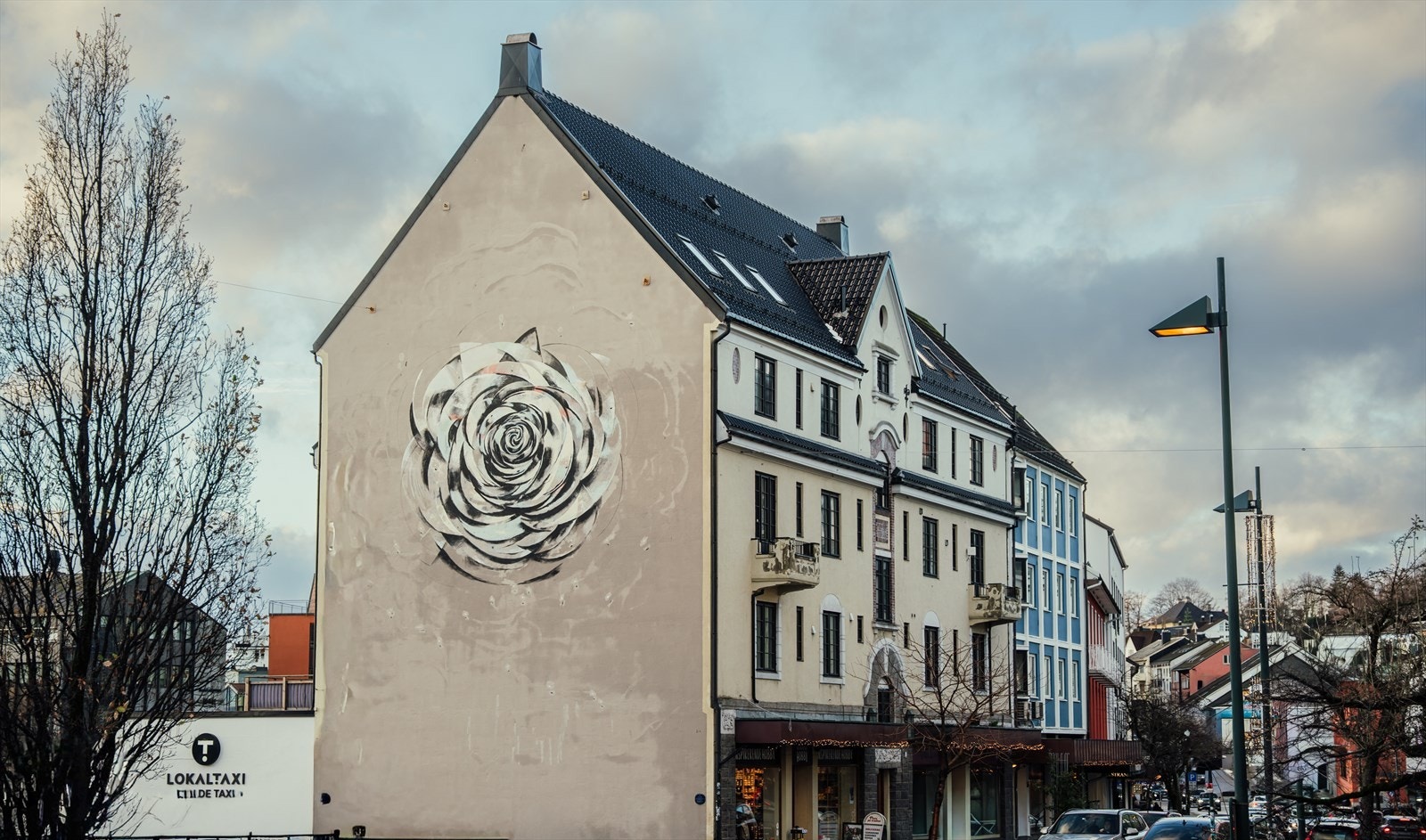 Stort veggmaleri laget av kunstneren Arne Nøst. Den lyse bakgrunnen gjør at rosen trer tydelig fram fra gateplanet, og siden Storgata er en sentral ferdselsåre, fungerer kunstverket som et visuelt landemerke. Galleribilde