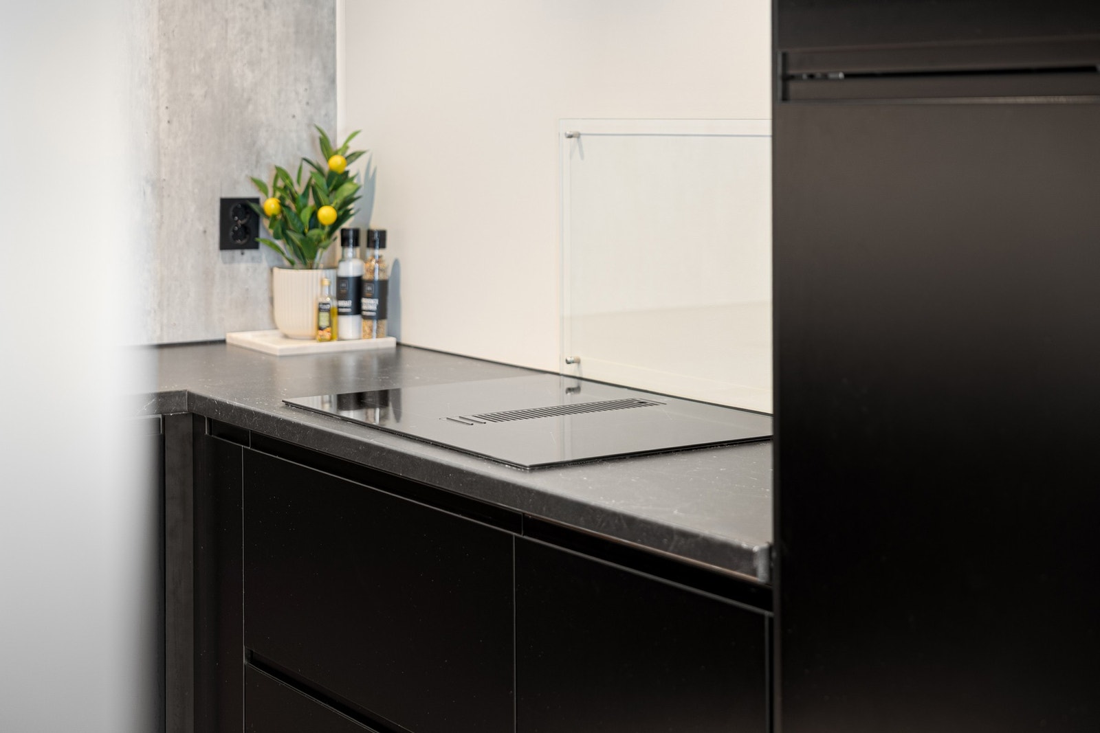 Integrerte hvitevarer består av platetopp, stekeovn, oppvaskmaskin, kjøle-/fryseskap og mikrobølgeovn. Galleribilde