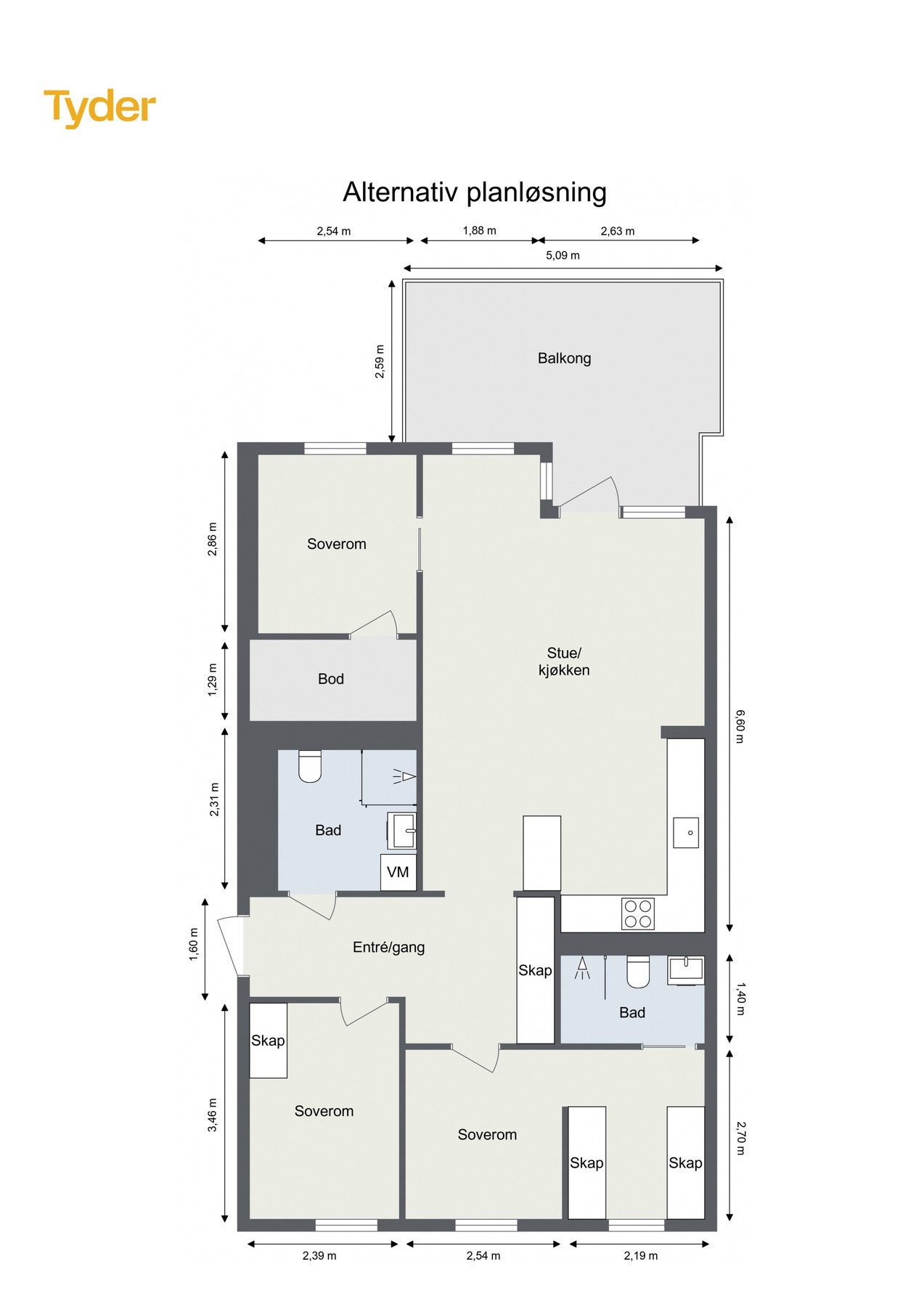 Alternativ planløsning der spisestue er gjort om til soverom Galleribilde