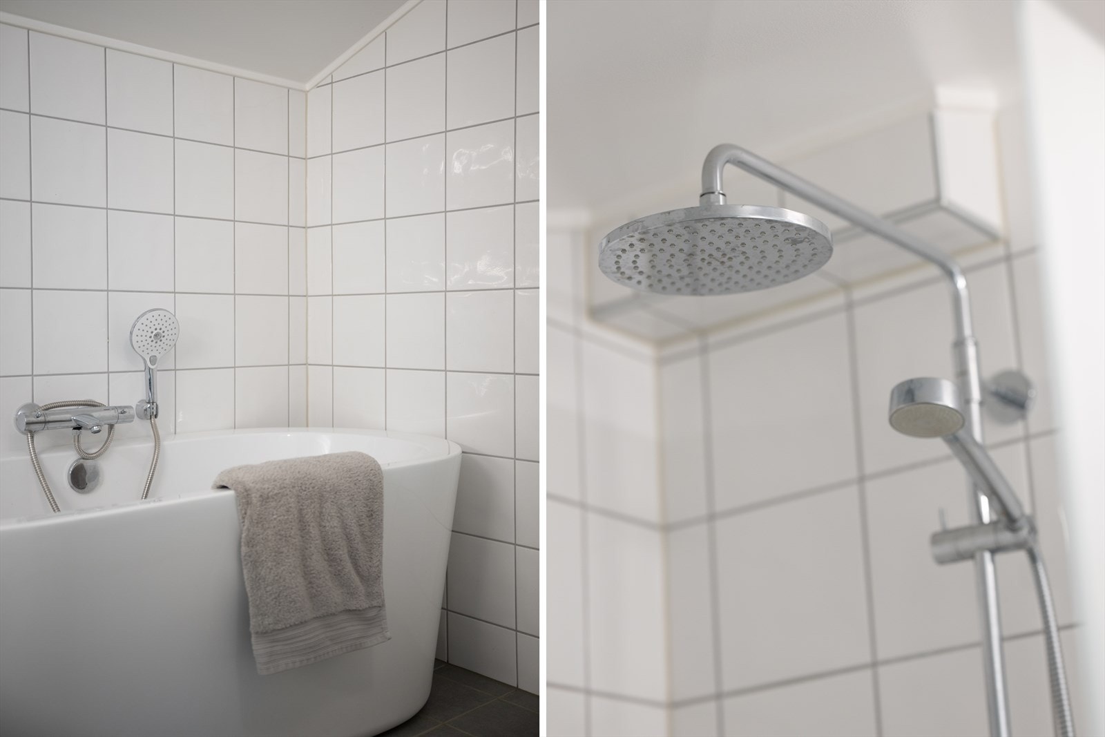 Badet er innredet med servant, veggmontert wc, badekar samt separat dusjsone Galleribilde