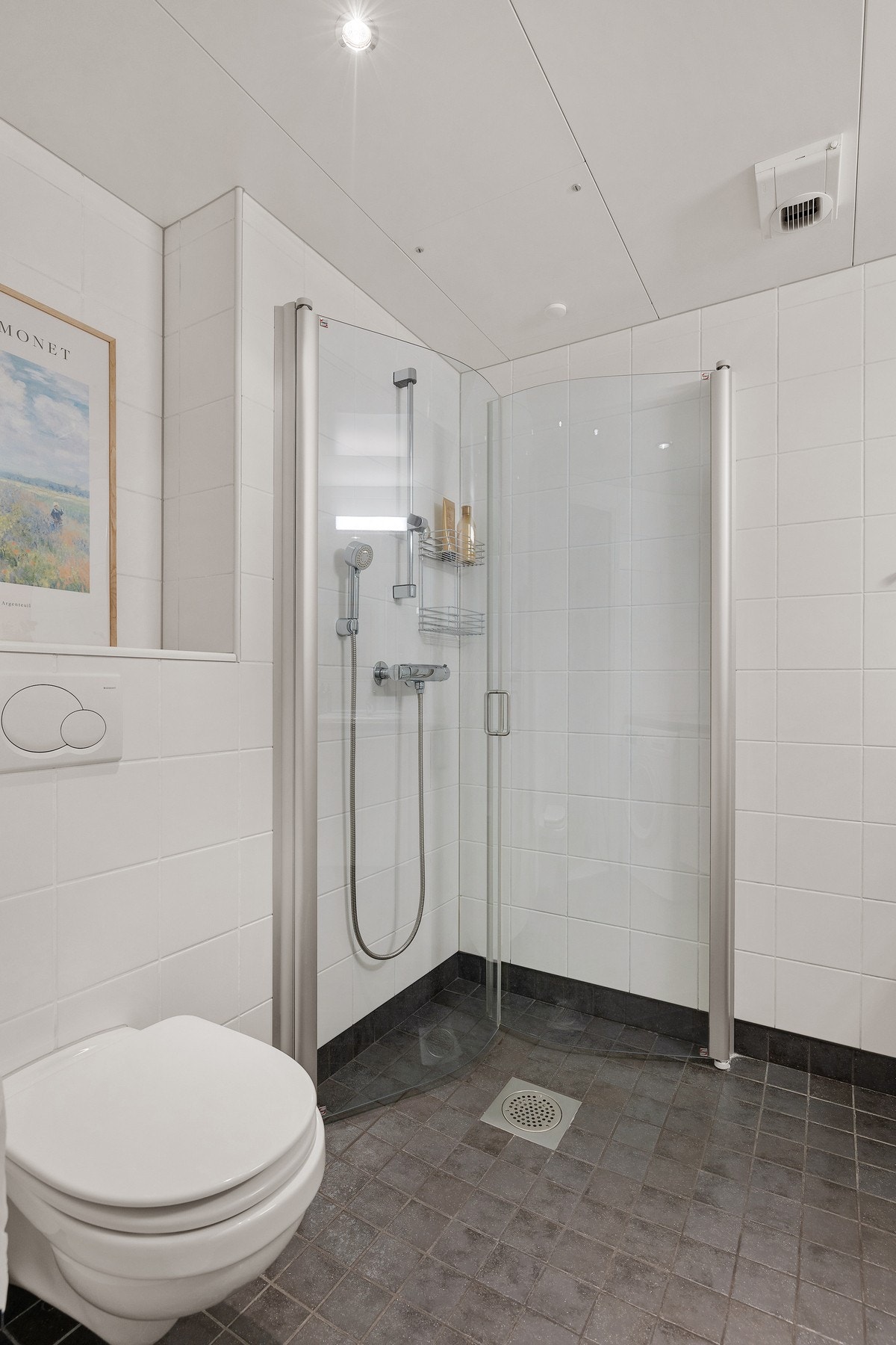 Innredning med vegghengt toalett og dusjdører i glass. Galleribilde