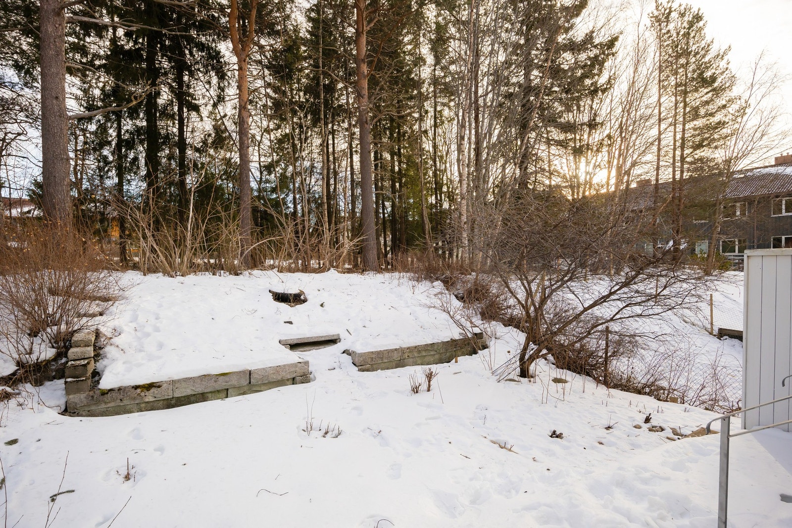 Skjermet og hyggelig bakhage med markterrasse og plenareal på tomta opp mot skogen. Galleribilde