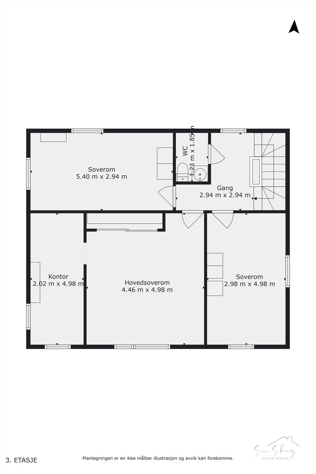 Plantegning i 2D av 2.etg. Selger vurderte å utvide wc-rommet i denne etasjen i retning av trappegang, dersom man ønsker mer plass og ett ekstra bad. Galleribilde