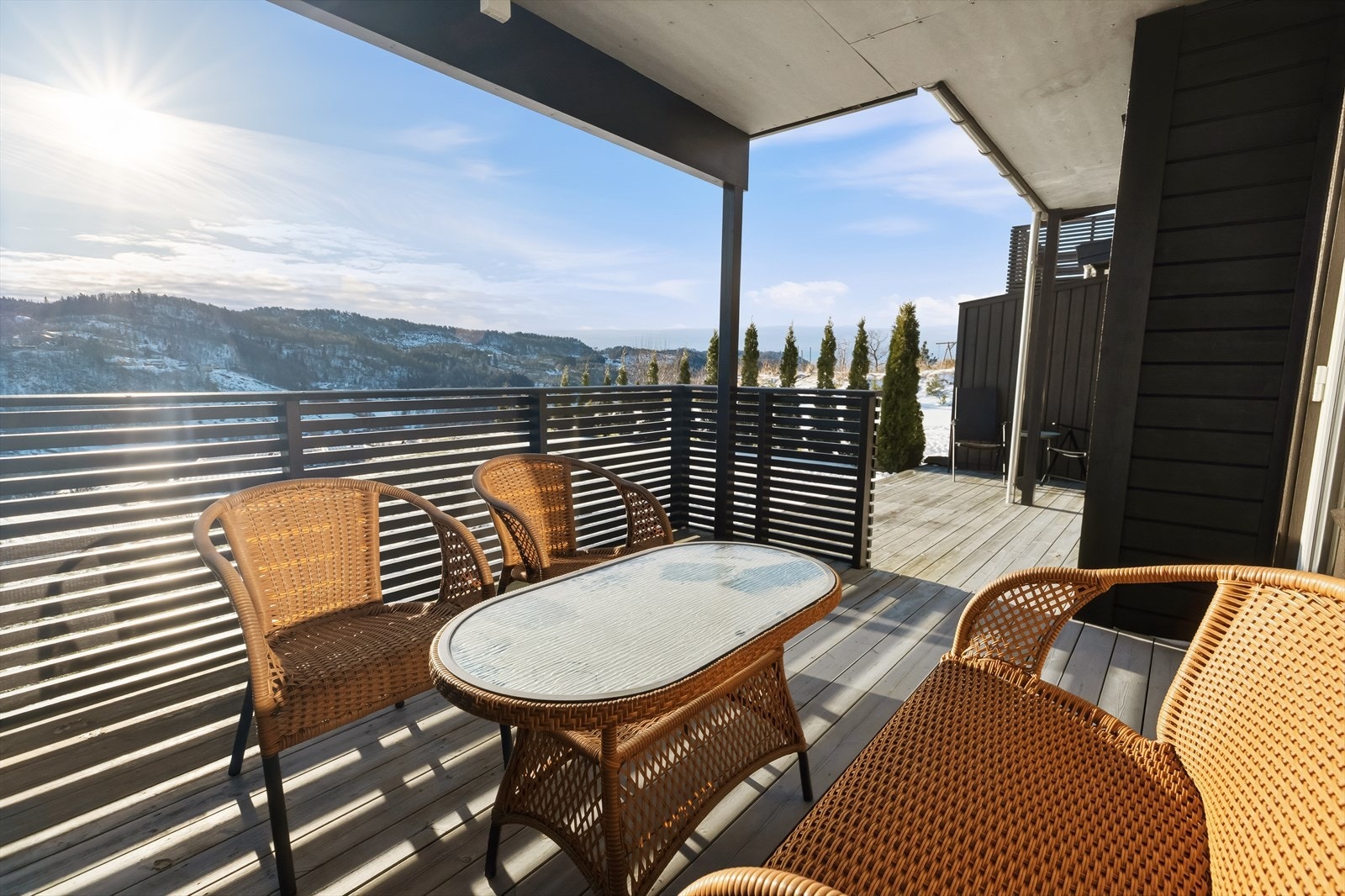 Flott og privat oppholdsplass med utgang direkte fra leilighetens stue/kjøkken. Galleribilde