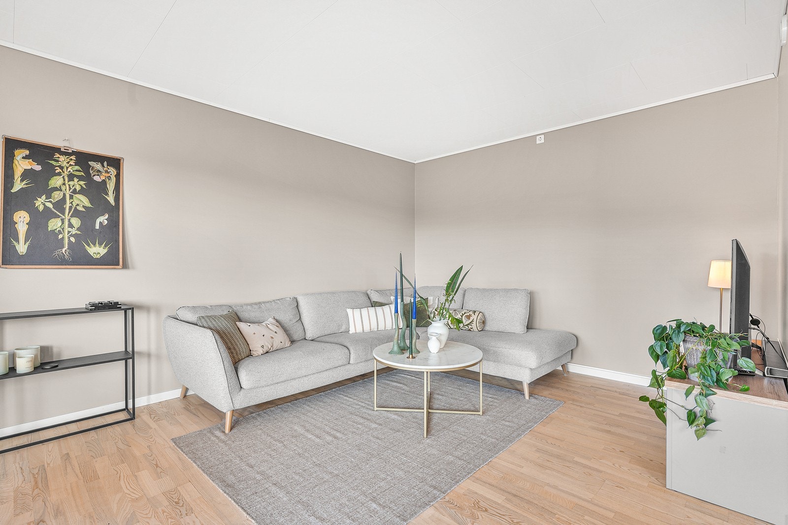 Overflatene består av parkett på gulv, slette malte vegger, og malte takplater. Galleribilde