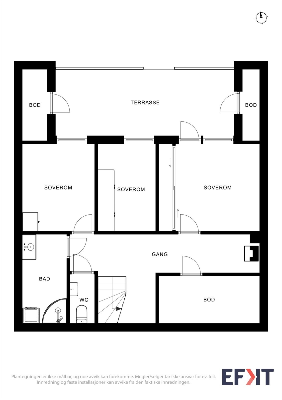 Underetasjen inneholder tre soverom, bad/vaskerom, separat toalettrom og bod. Galleribilde