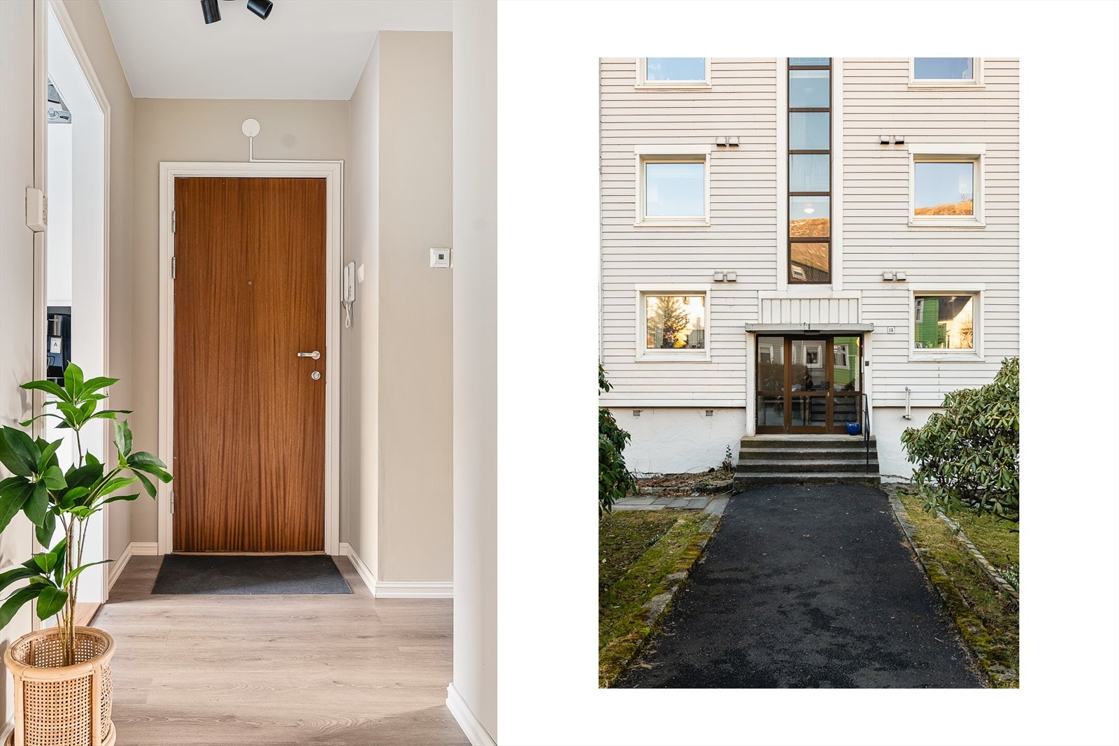 Velkommen inn! En romslig, lys entrè malt i tidsriktig fargetone ønsker deg velkommen hjem. Dørtelefon med portåpner slipper enkelt gjestene inn. Galleribilde