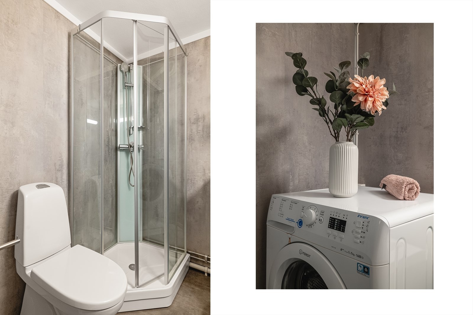 Leilighetens baderom var pusset opp av fagfolk i 2018. Våtromsbelegg på gulv og baderomsplater på vegger sørger for enkelt vedlikehold og stilrene overflater. Galleribilde