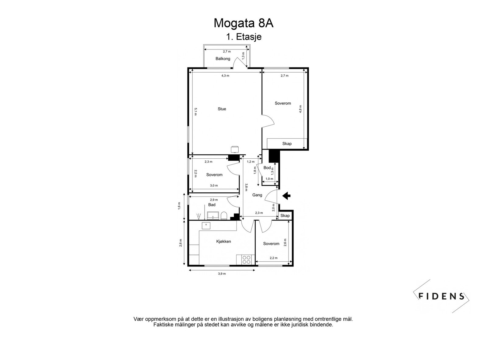 Planløsning som inneholder entré/gang, stue, kjøkken, baderom, tre soverom av god størrelse og balkong. Galleribilde