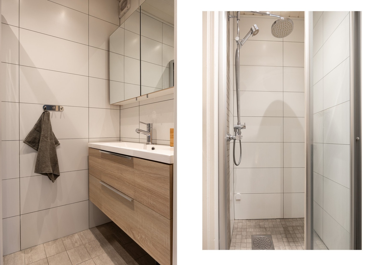 Baderom fra 2015 med flislagt gulv med varme og flislagte vegger. Galleribilde