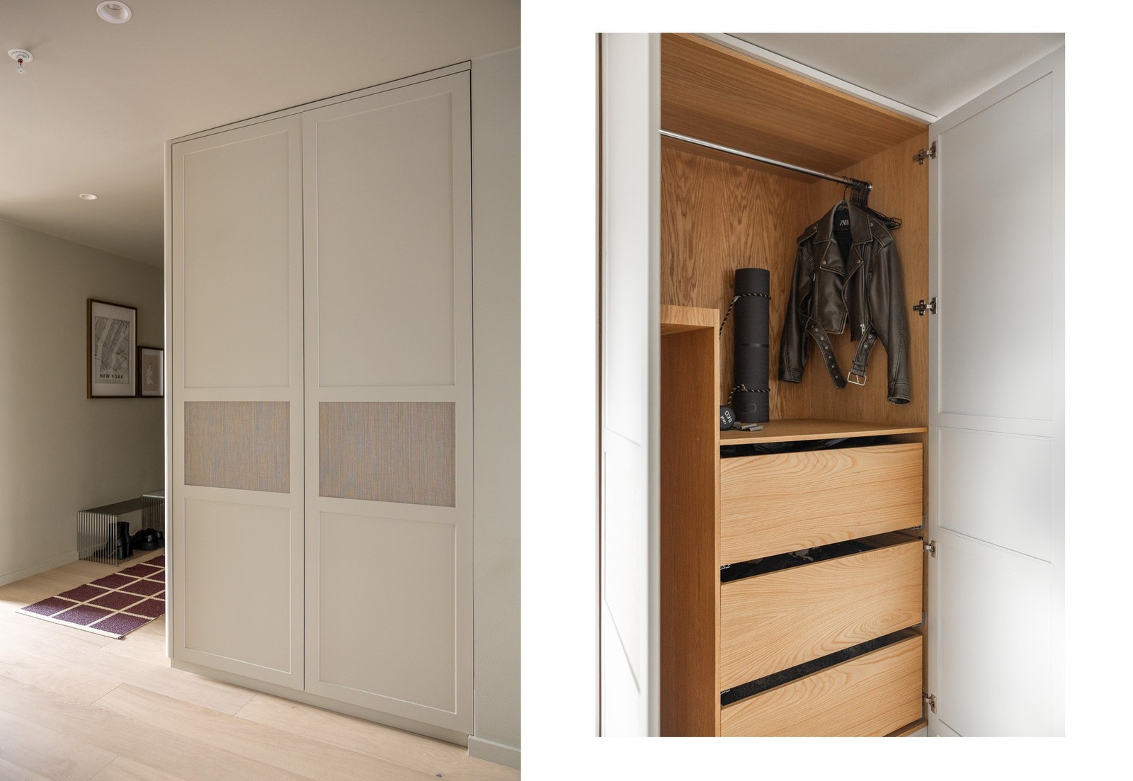 Romslig entré/gang med møbelsnekret garderobe. Galleribilde