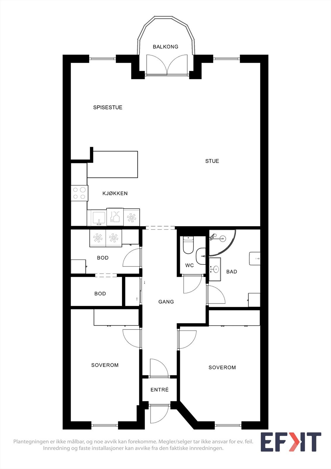 Leiligheten har en god planløsning med to soverom, bad, toalettrom og to boder. Galleribilde