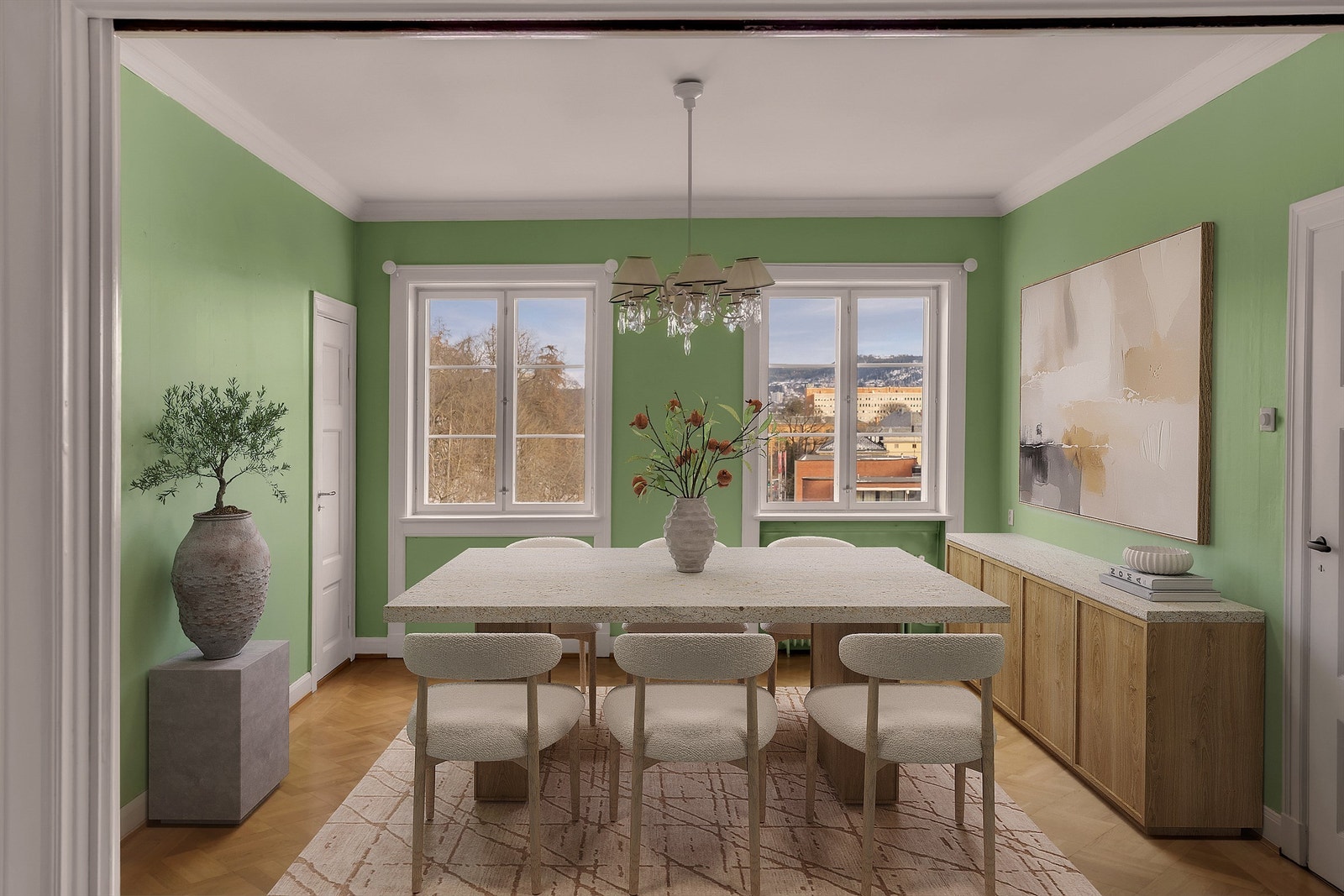 Hyggelig spisestue med plass til mange rundt middagsbordet. (digitalt stylet bilde). Galleribilde