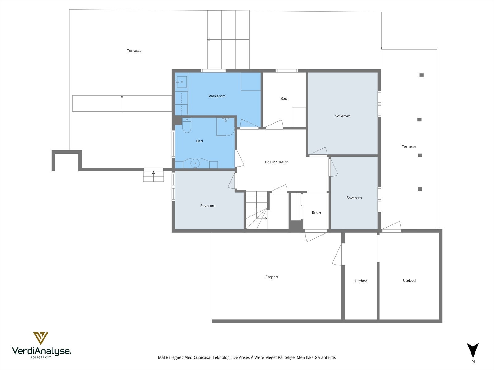 Planløsning over dagens bruk av 1. etg. Samsvarer med byggtegninger, foruten soverom i nordøstre hjørne, som er ominnredet fra bod til soverom. (Ikke omsøkt og godkjent) Galleribilde