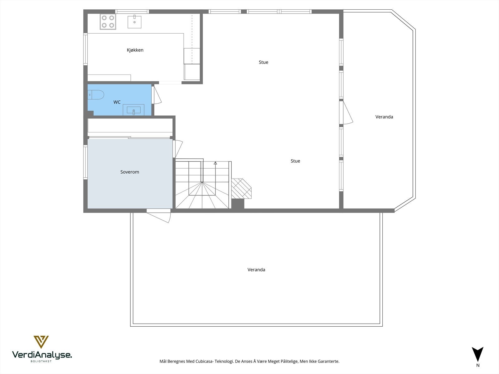 Planløsning over dagens bruk av 2. etg. Samsvarer med byggtegningene, foruten kjøkkenet som er bygd om. Galleribilde