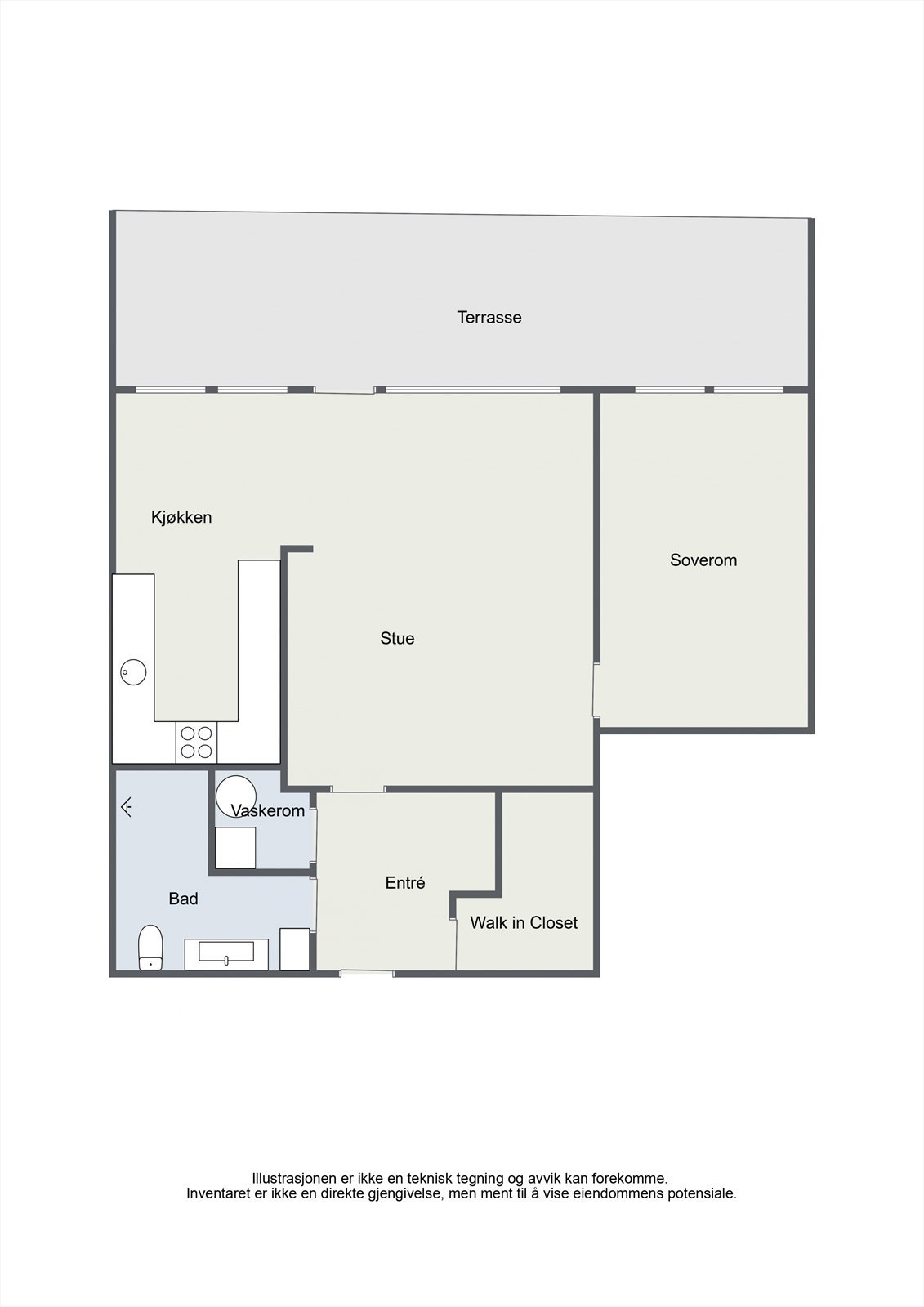 Leiligheten har en arealeffektiv planløsning med entré, stue/kjøkken, soverom, bad, vaskerom og walk-in-closet. Galleribilde