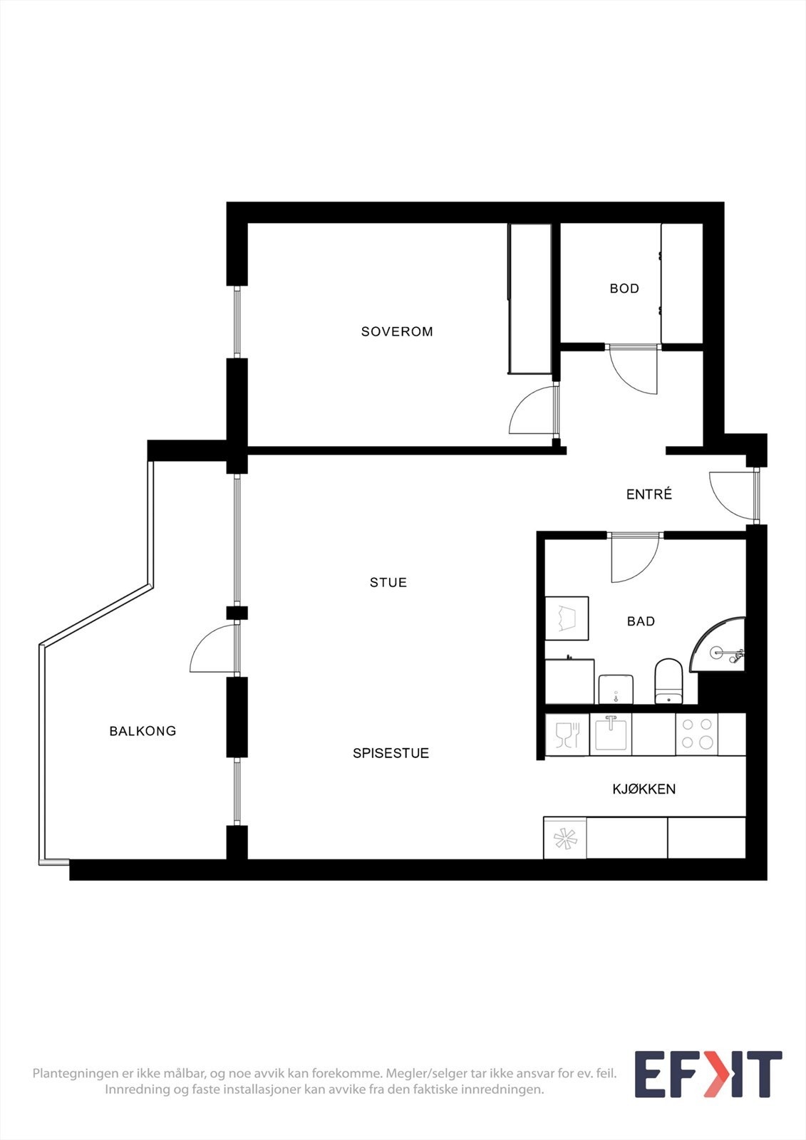 Leiligheten har en praktisk planløsning på 58 m² med separat soverom, stue og kjøkken. Galleribilde