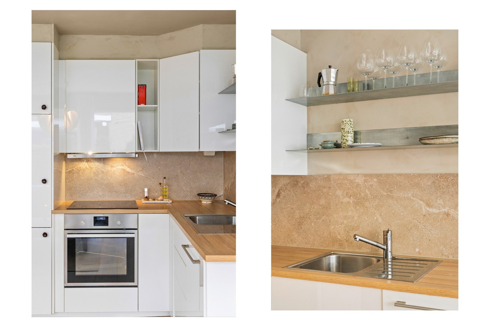 Mellom benkeplate og overskap er det benyttet steinplate som gir et stilrent og eksklusivt uttrykk. Galleribilde