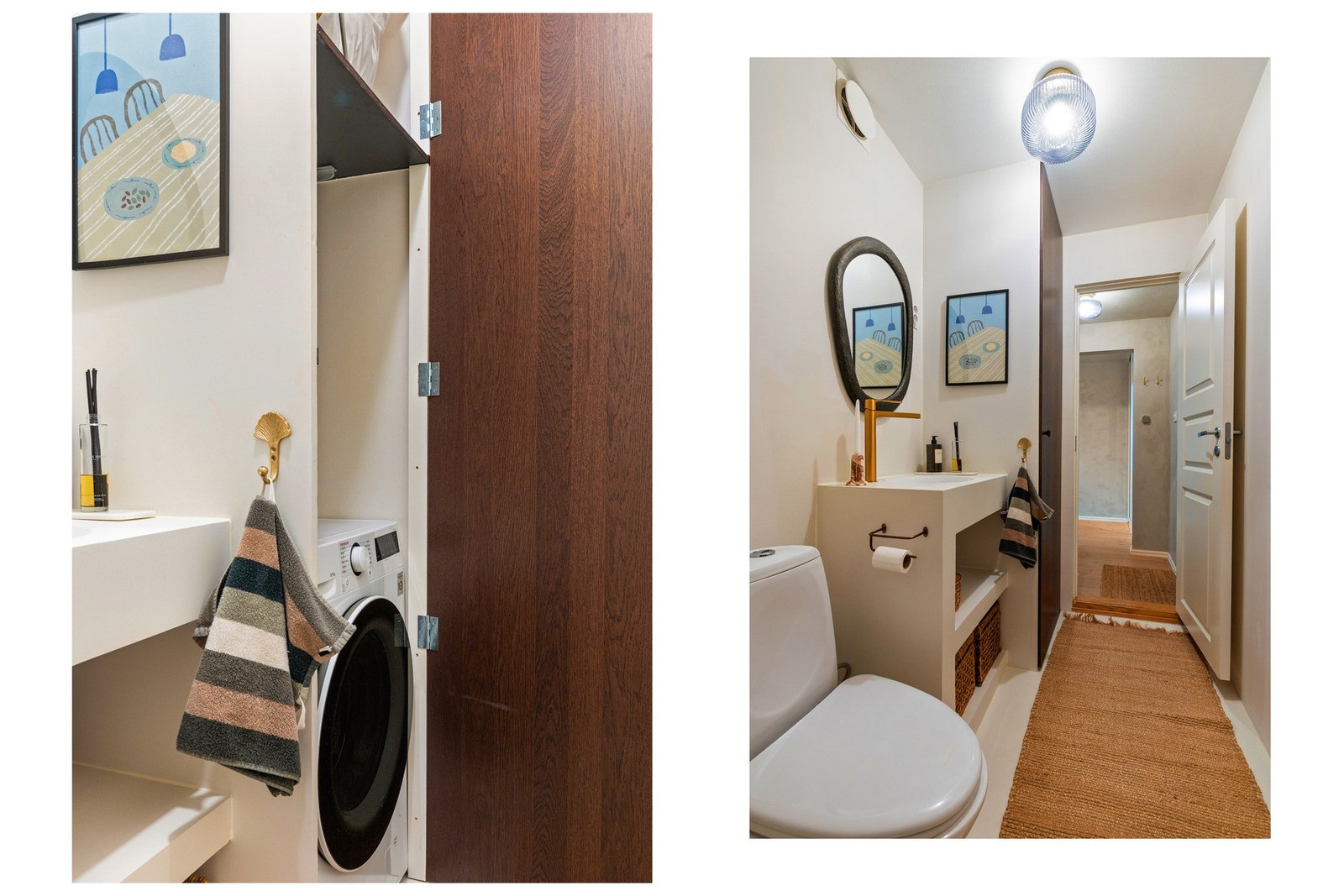 Det er opplegg for vaskemaskin, diskret og funksjonelt plassert i skap. Galleribilde