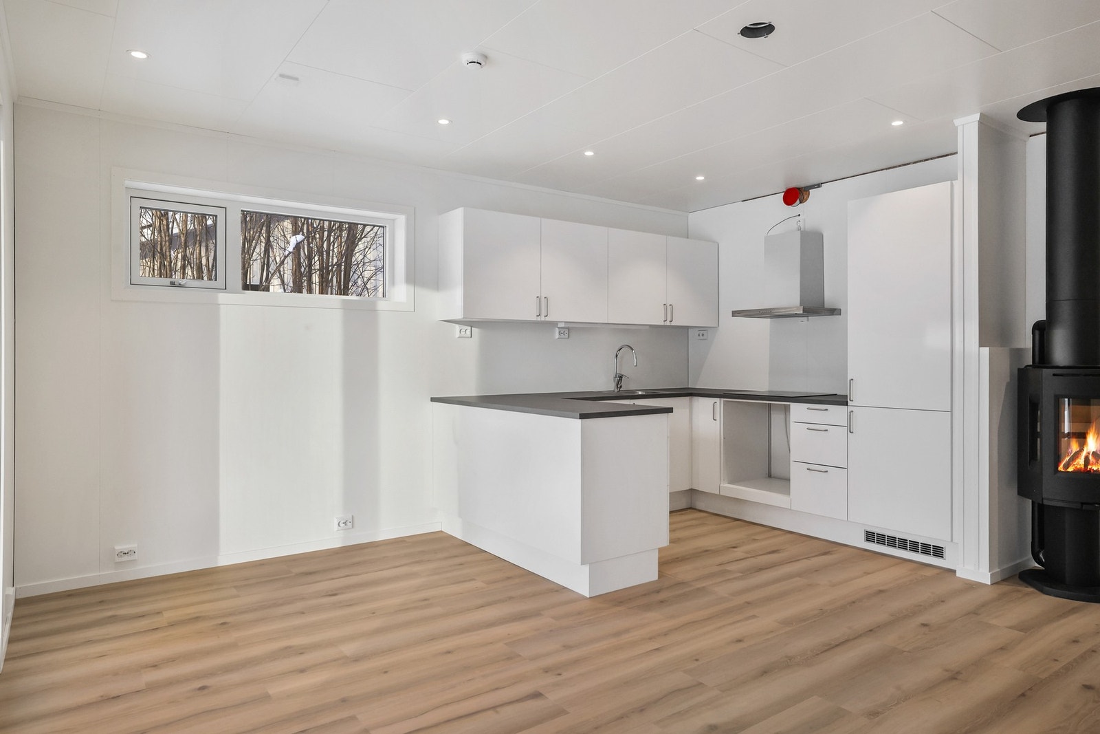 I rommet er det vedovn og et romslig kjøkken Galleribilde