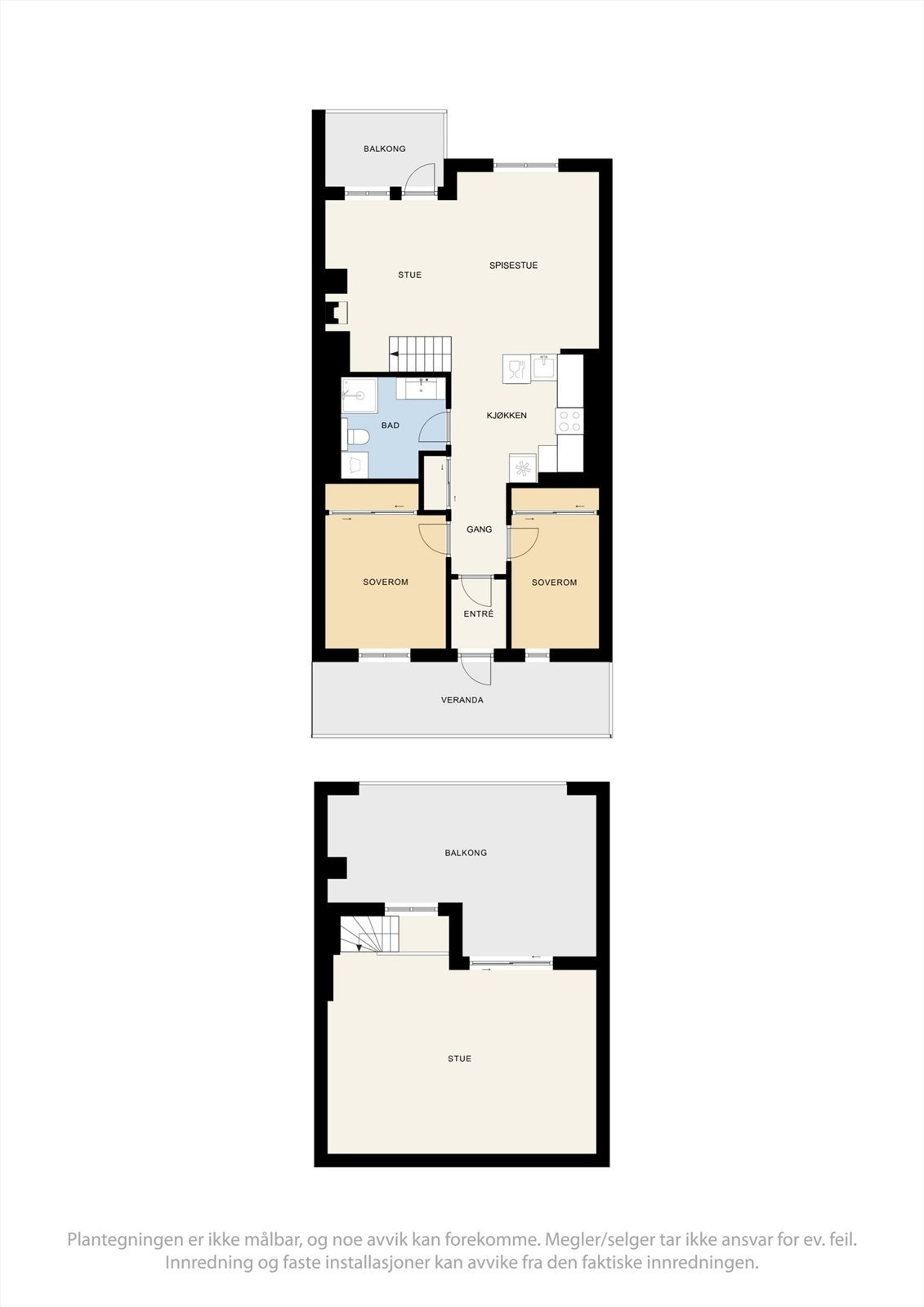 Leiligheten er arealeffektiv over to plan og har totalt 19 m² med private uteplasser. Galleribilde