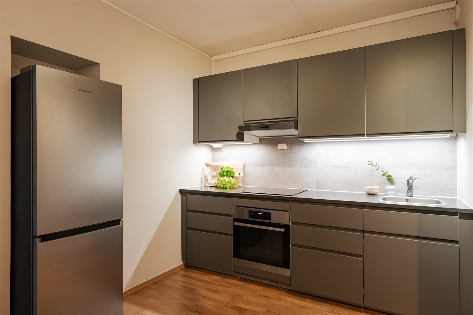 Lekker og stilren innredning med integrert stekeovn, platetopp og oppvaskmaskin. Galleribilde