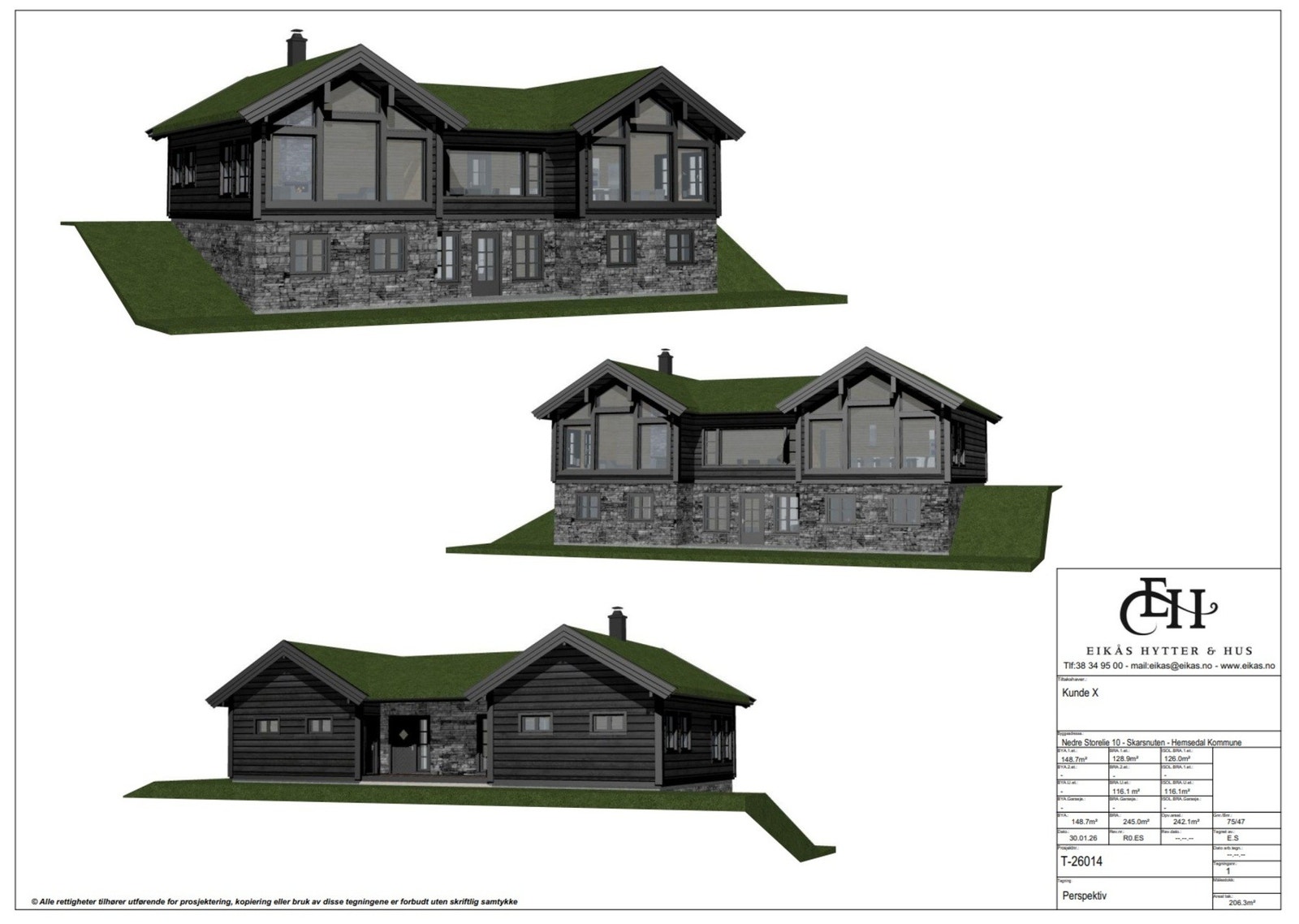 Perspektivtegninger (Eikås Hytter). MERK: Bygningsmasse er ikke byggesøkt på tomten, men viser potensialet i evt. bebyggelse på tomten. Galleribilde