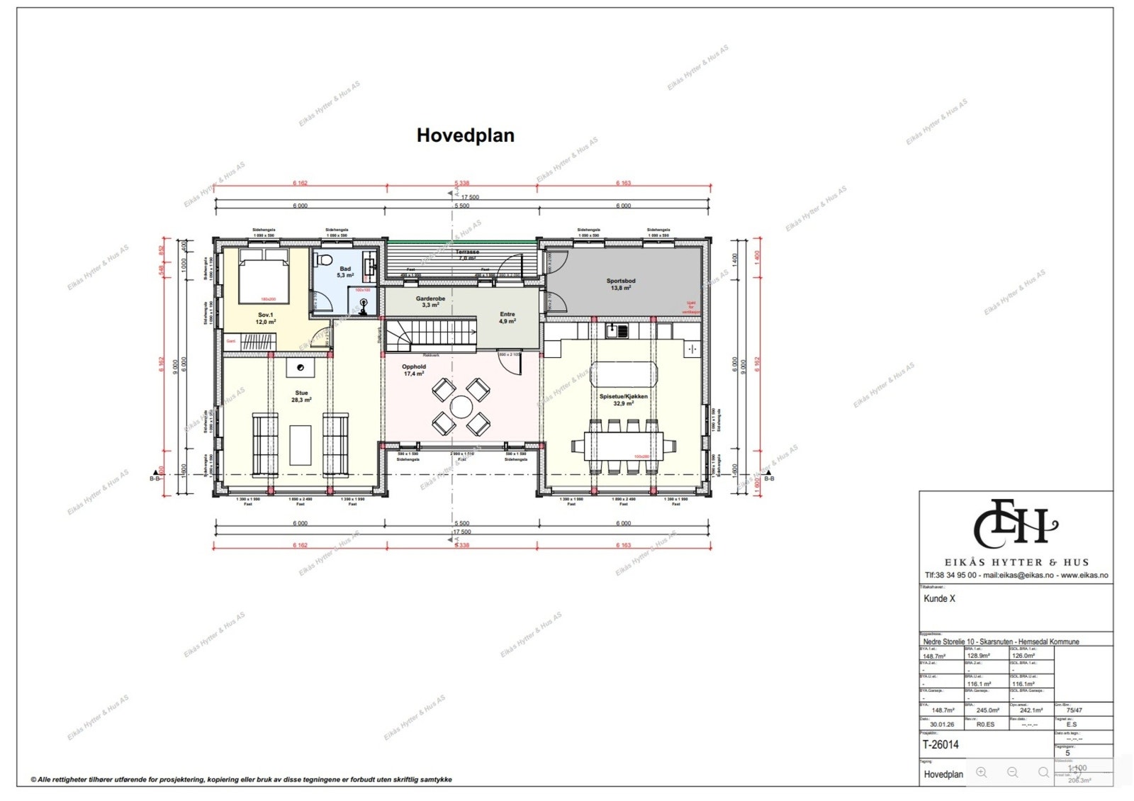 Plantegning mulig hytte (Eikås Hytter). MERK: Bygningsmasse er ikke byggesøkt på tomten, men viser potensialet i evt. bebyggelse på tomten. Galleribilde