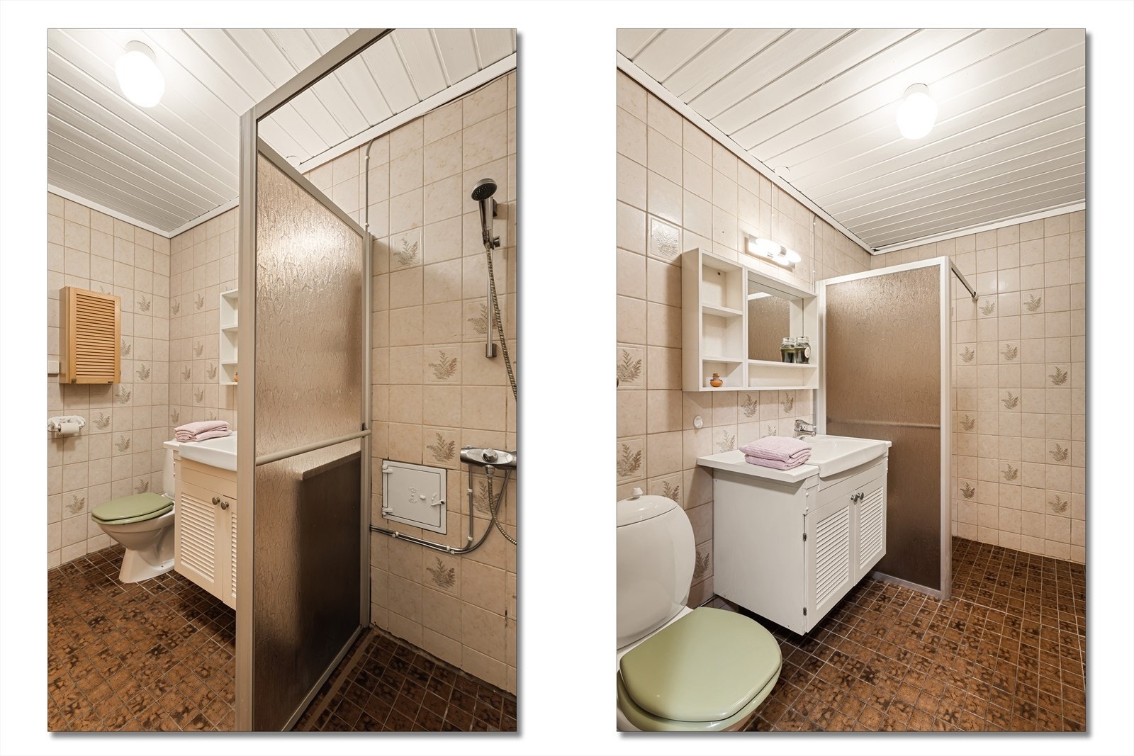 Badet i etasjen er helfliset og innredet med dusjhjørne, toalett og servantinnredning Galleribilde