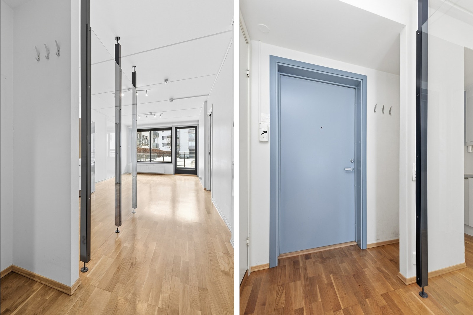 Leiligheten ønsker velkommen med en praktisk entré med plass til garderobeløsning og oppbevaring av yttertøy og sko. Planløsningen oppleves effektiv og gir en naturlig overgang videre inn i stue og kjøkken. Galleribilde