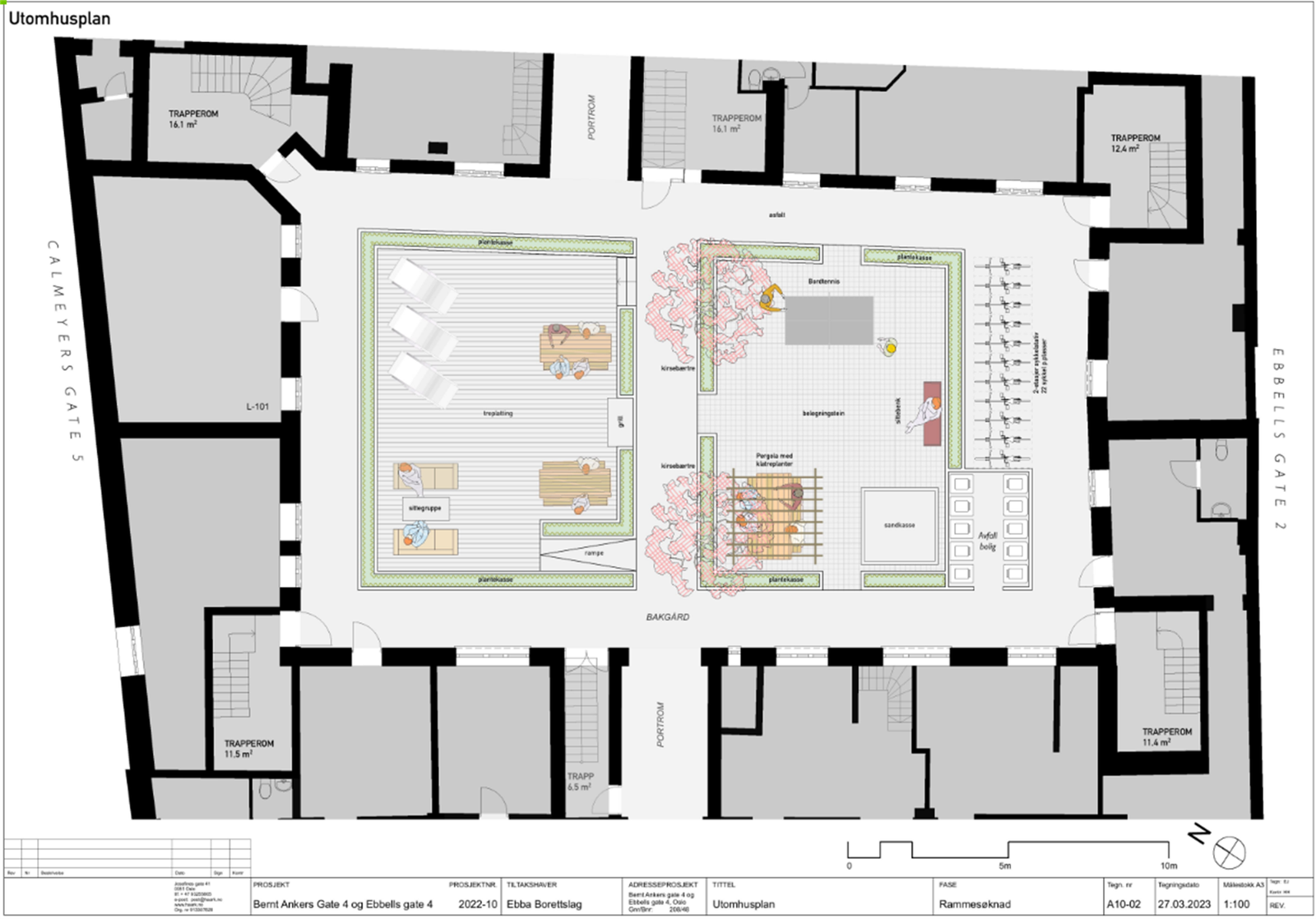 Uteomhusplan for bakgården ved renovering til en "grønn oase" for beboerne i borettslaget. Galleribilde