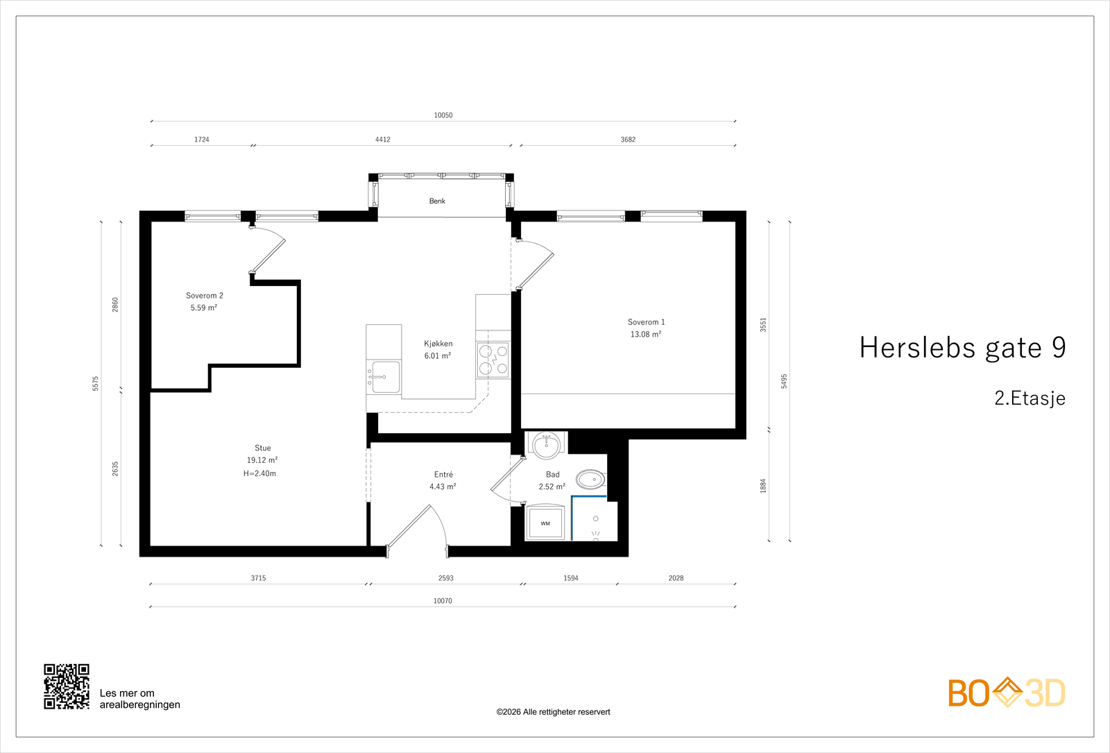 Leiligheten har en effektiv planløsning på 53 m² med to soverom, og åpen kjøkken/stue. Galleribilde
