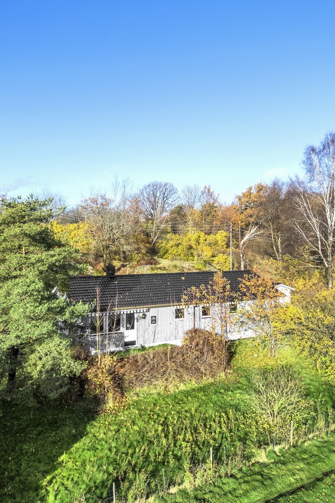 Dronefoto over tomten og boligen Galleribilde