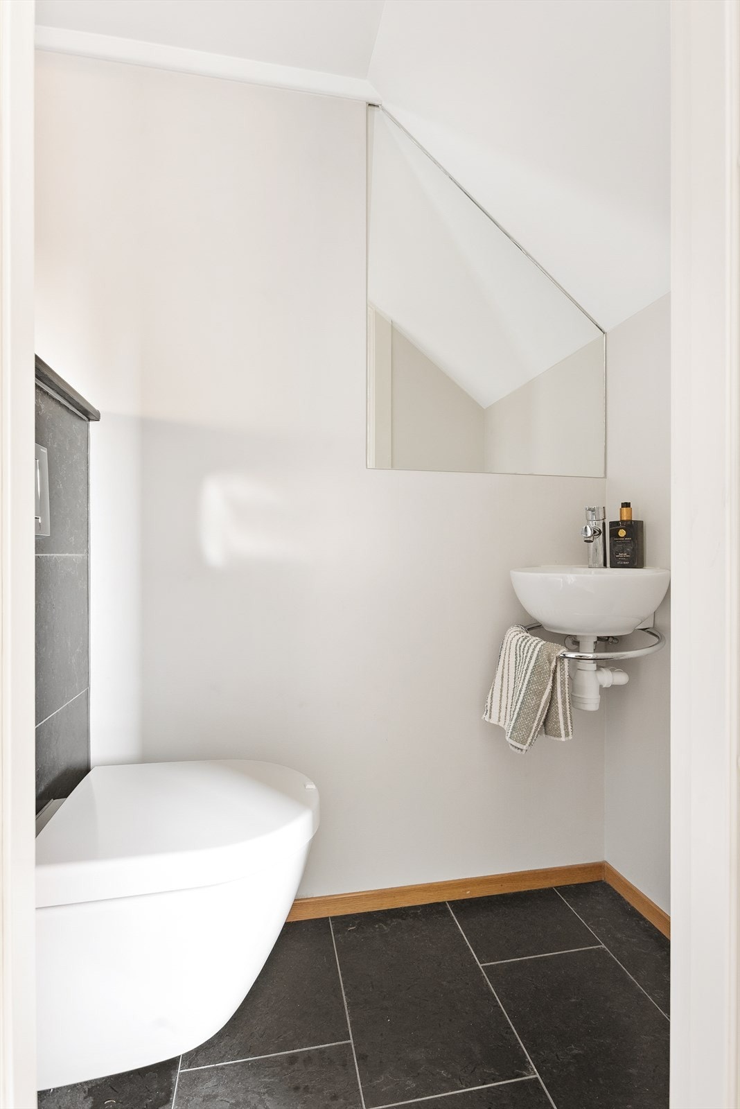 Praktisk toalettrom i underetasjen med vegghengt toalett og servant. Galleribilde