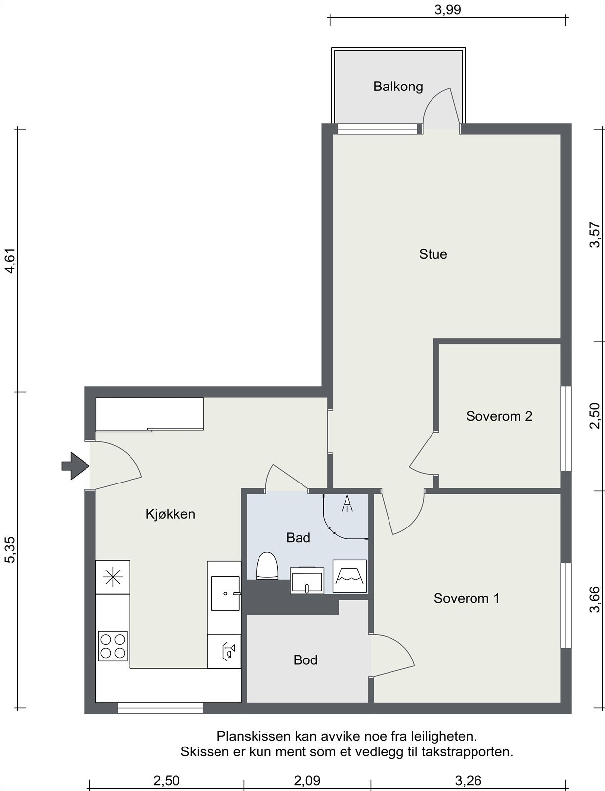 Leiligheten har en arealeffektiv planløsning med to soverom, stue med utgang til balkong og en intern bod Galleribilde