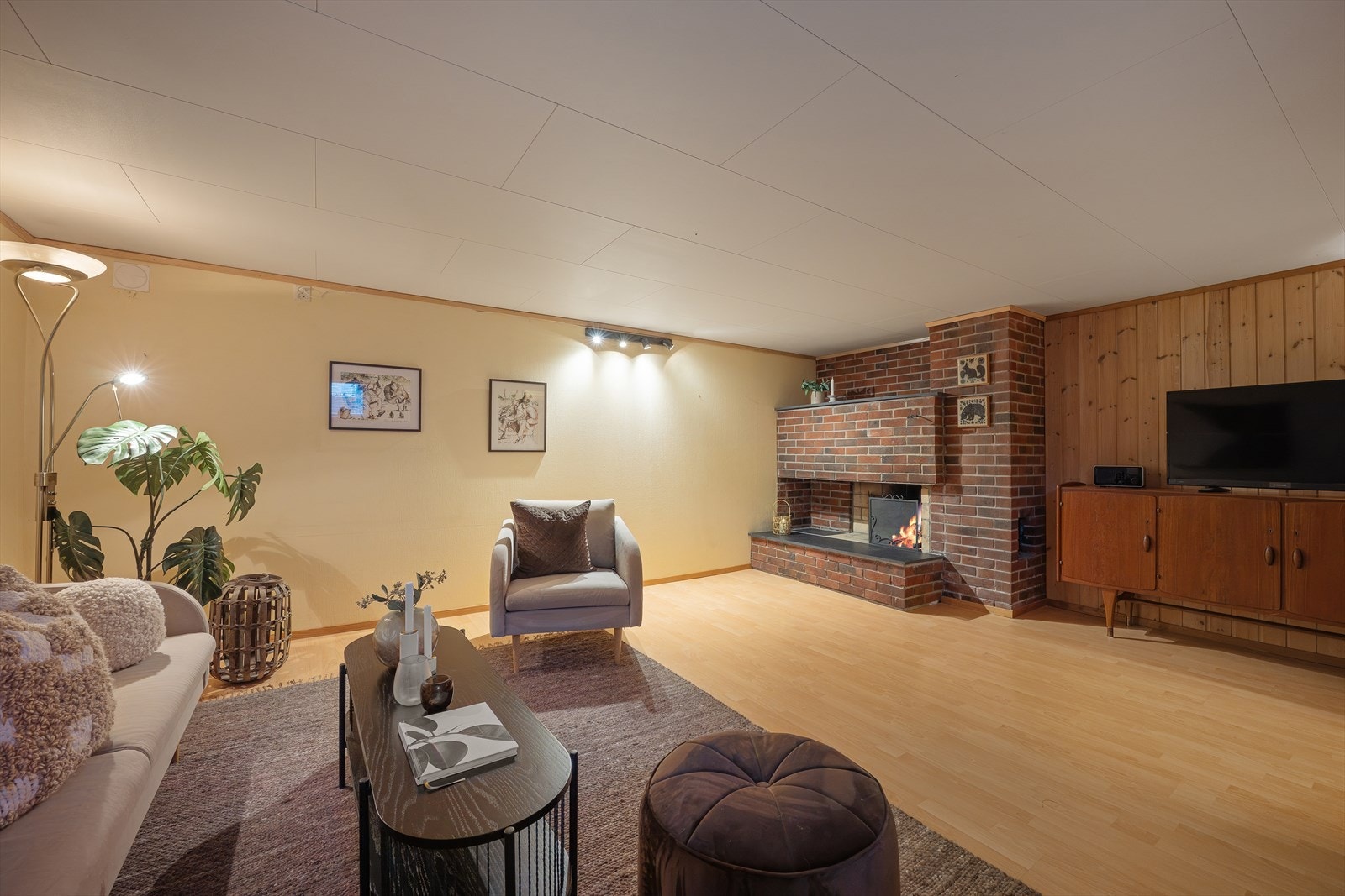 Kjeller- tv stue med peis Galleribilde