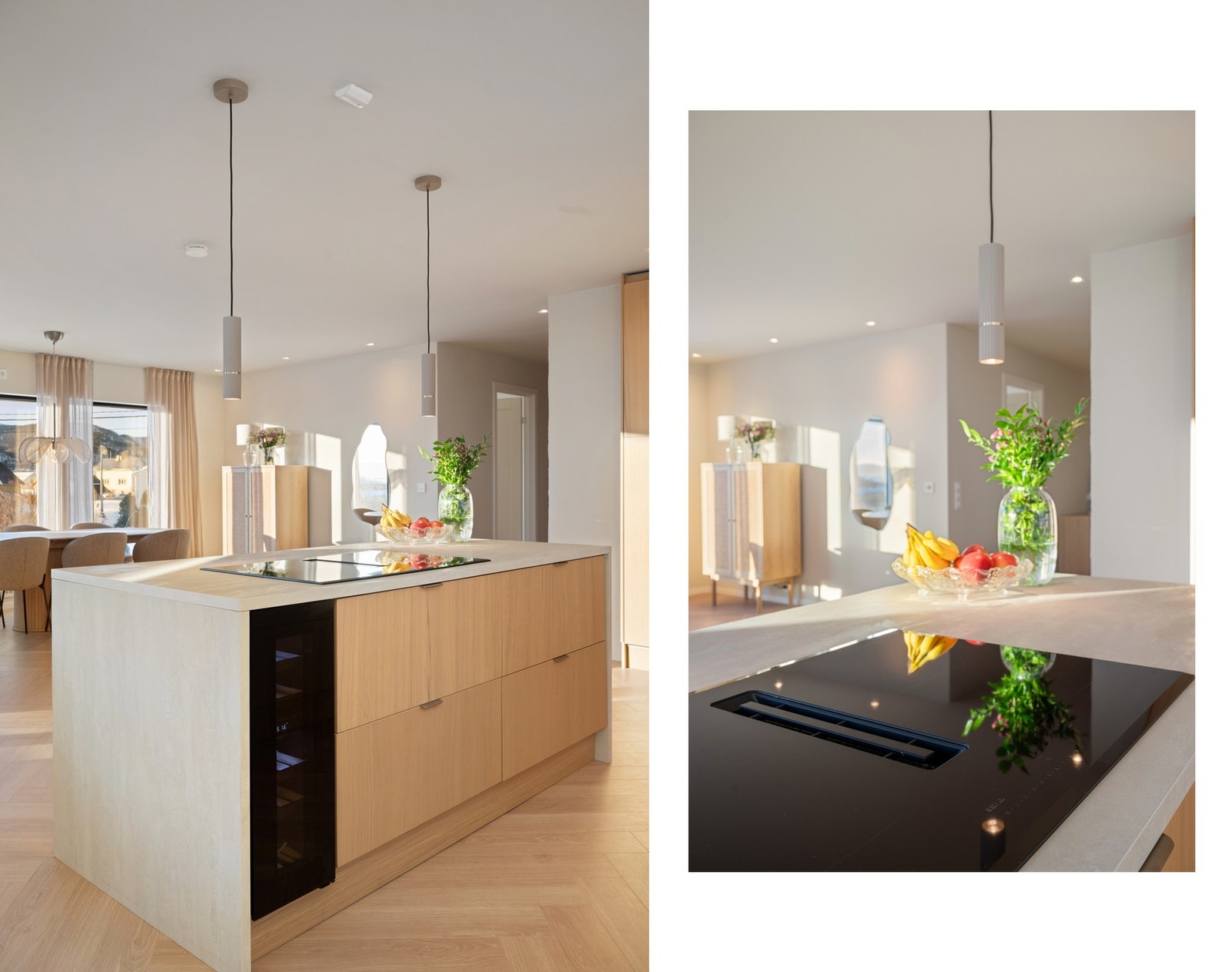 Kjøkkenøyen, med koketopp og integrert ventilator, gir både praktisk arbeidsflate og et gjennomført designuttrykk Galleribilde