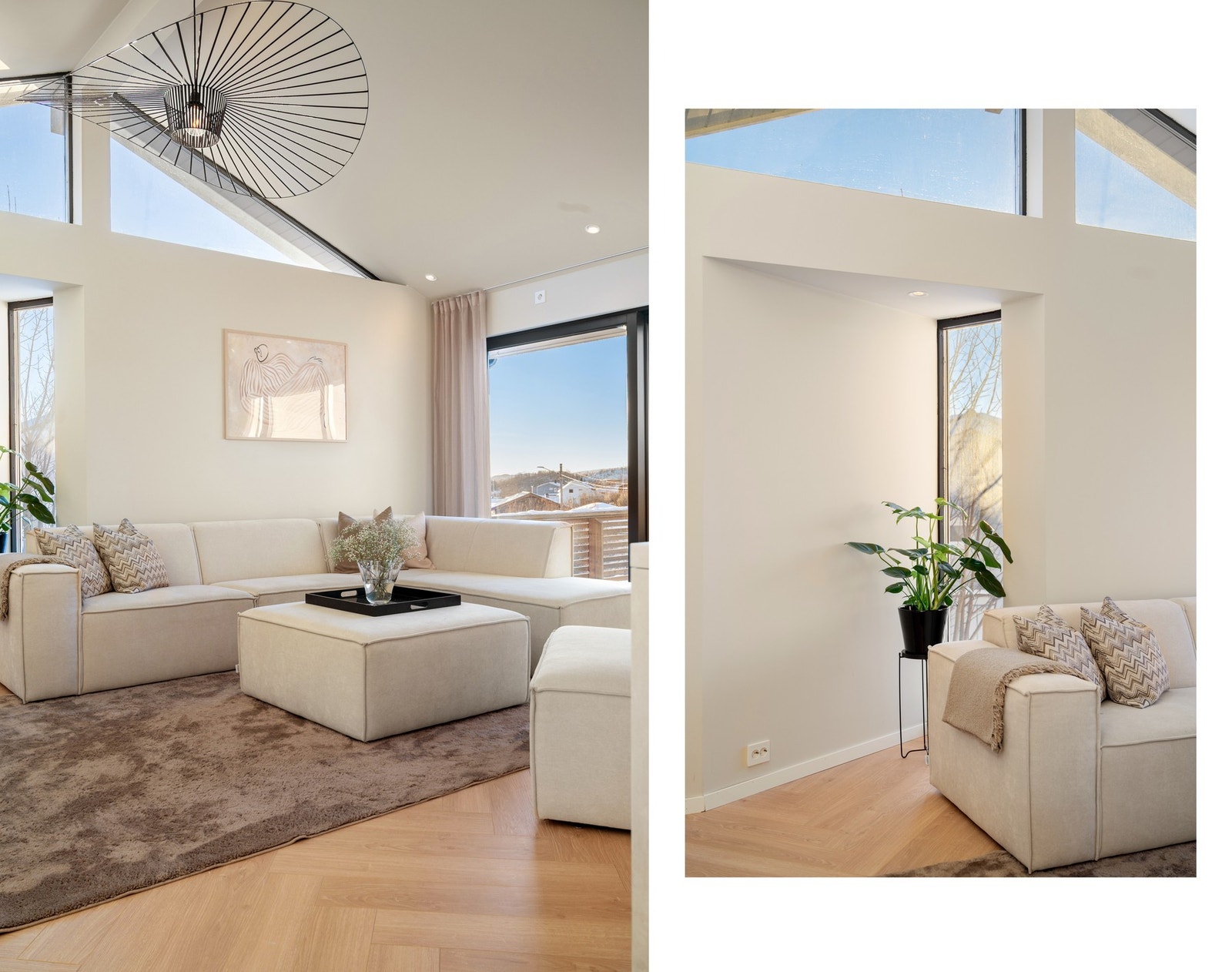 Eneboligen har en lys og romslig stue med store vindusflater og behagelig gulvvarme Galleribilde