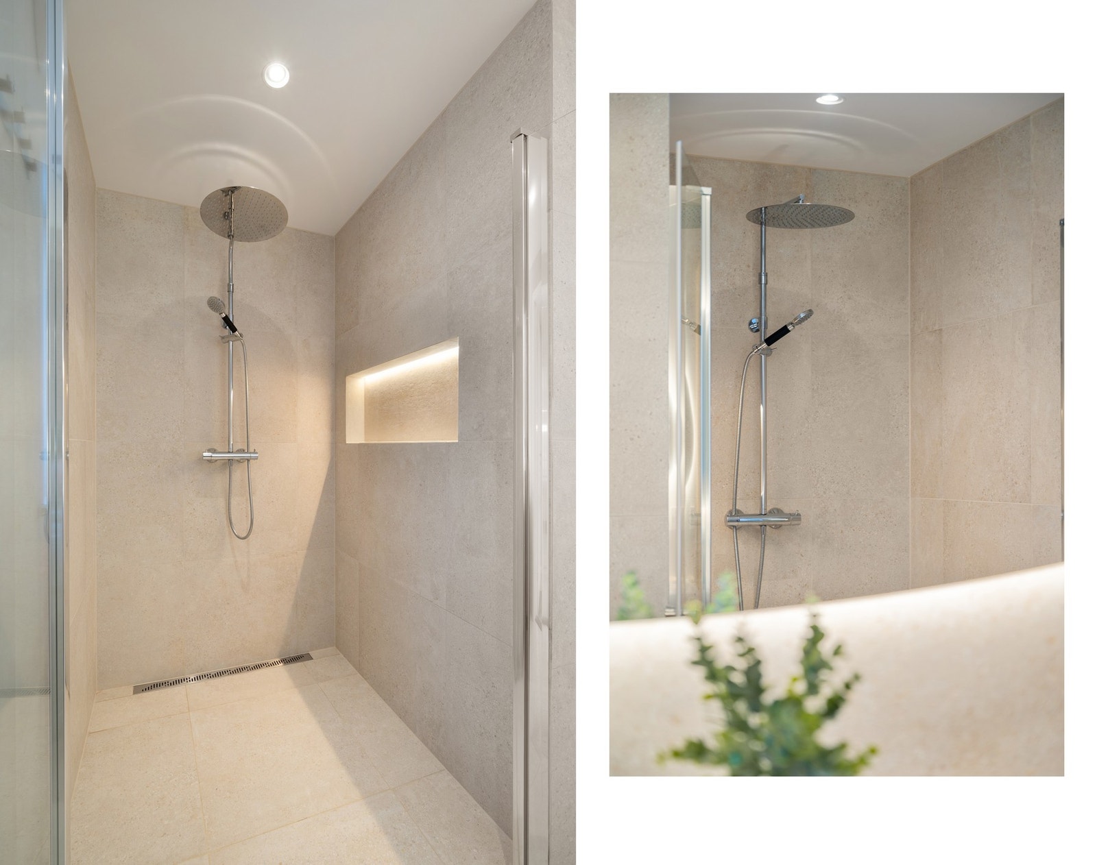 Dusjnisje med glassdører og innebygget sisterne Galleribilde