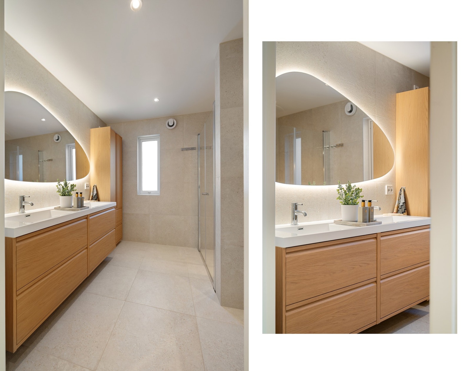 Delikat bad med flislagte flater og dobbel servant gir et eksklusivt og funksjonelt uttrykk Galleribilde