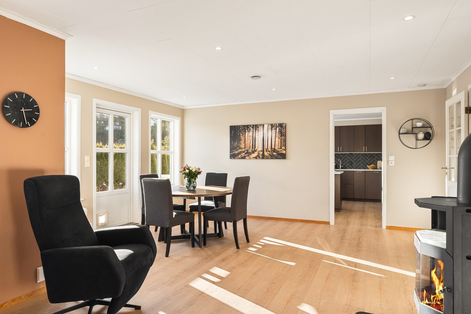 Det er både koselig peisovn, samt installert energieffektiv varmepumpe. Galleribilde