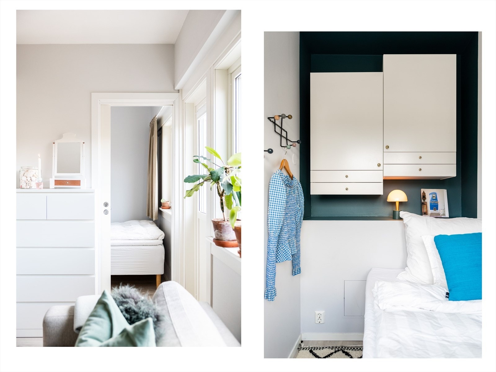 På soverommet er det praktiske, vegghengte skap. Det er også mulighet til å utnytte plassen ytterligere. Galleribilde