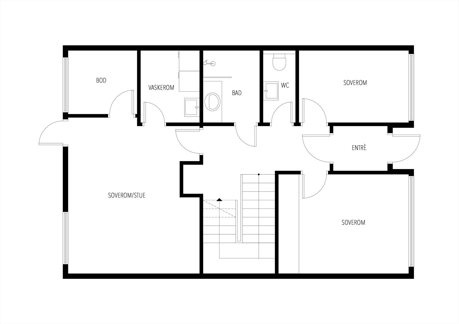 Plantegning første etasje. Soverom/stue er i originale plantegninger definert som klesbod/matbod og er ikke godkjent som rom for varig opphold. Galleribilde