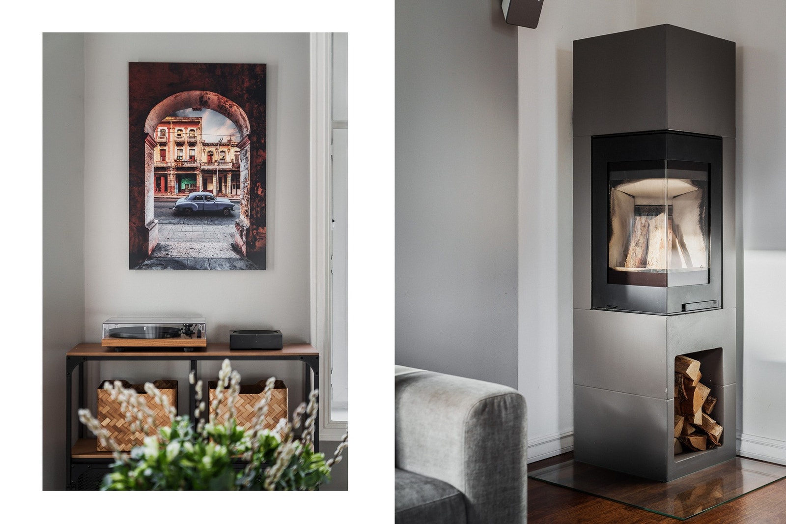 En moderne peisovn fra 2015 med glassfront gir en lun og stemningsfull atmosfære i stuen. Galleribilde