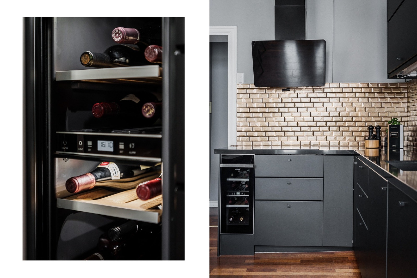 Kjøkkenet har integrerte hvitevarer som induksjonstopp, stekeovn, oppvaskmaskin og kombiskap, samt vinkjøleskap. Det er veggmontert kullfilterventilator med komfyrvakt. Galleribilde