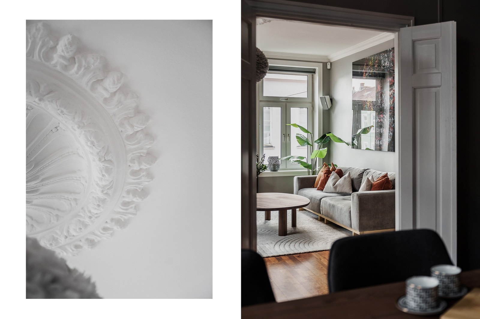 Klassiske detaljer som stukkatur, rosetter og dobbel fløydører er bevart og gir leiligheten et tidløst særpreg. Galleribilde