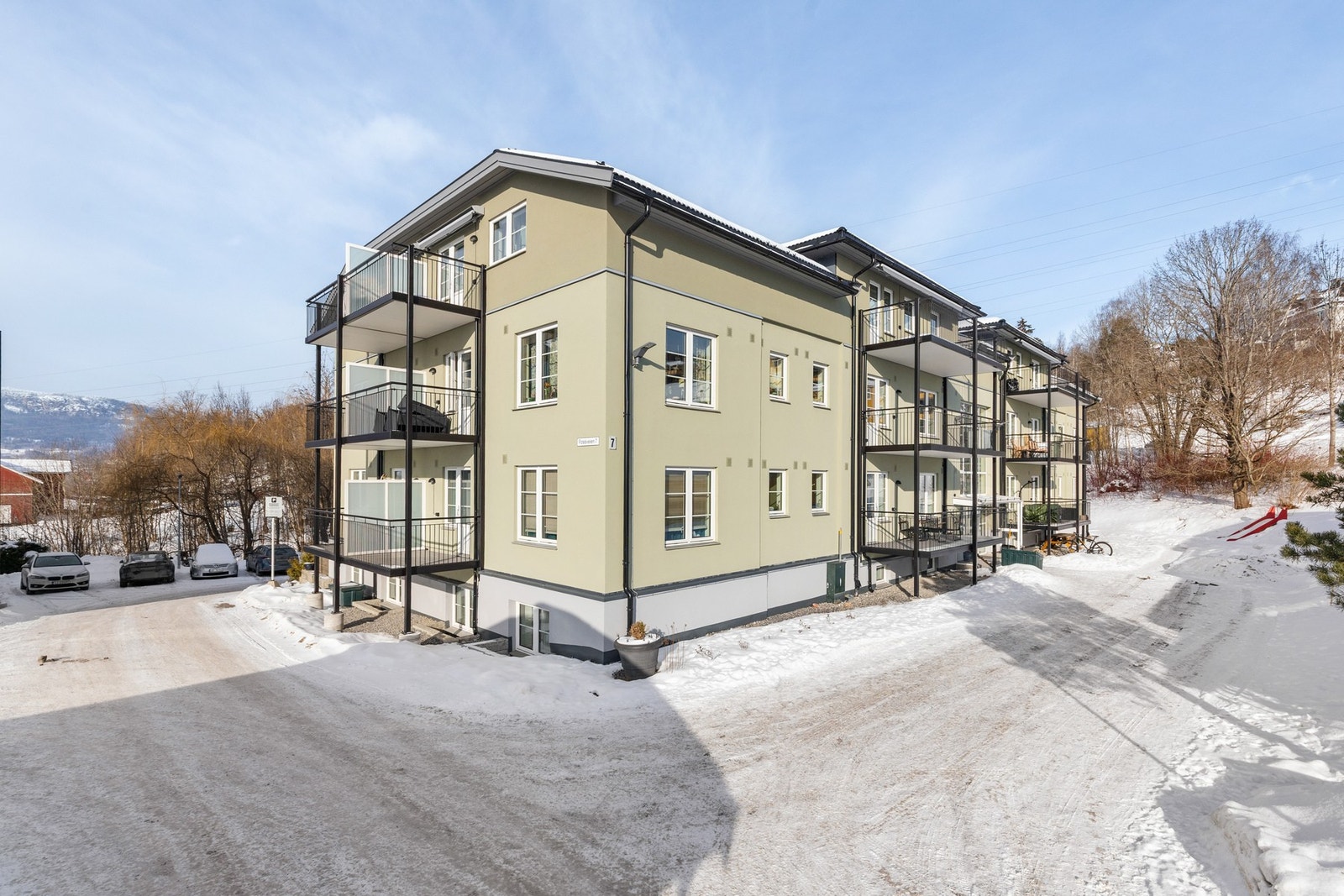 Tomten er pent opparbeidet med plen, asfalterte adkomstveier og diverse beplantning Galleribilde