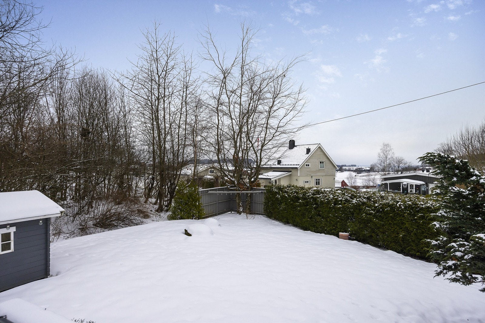 Tomten er pent opparbeidet med gressplen, hekk og diverse beplantning Galleribilde